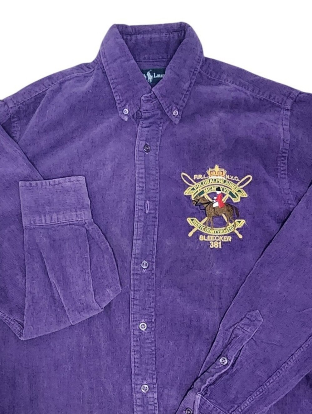 Ralph Lauren Embroidered Crest Corduroy Button Shirt Medium Bleeker 381 READ